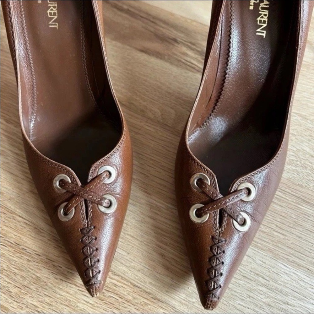 YSL Yves Saint Laurent (YSL) Rive Gauche brown leather tie-front pumps 37 EUC - Picture 12 of 16